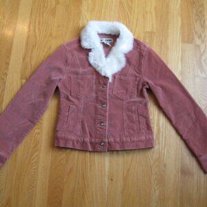 ACCESS JEANS GIRL'S SIZE M PINK CORDUROY JEAN JACKET W/ WHITE FAUX FUR COLLAR